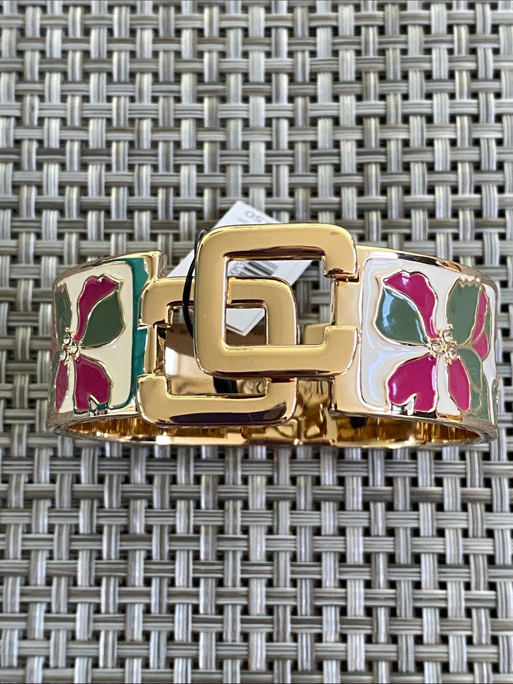 Gold Tone Floral Enamel Chico’s Hinged Bracelet with Pink & Green Accents NWT